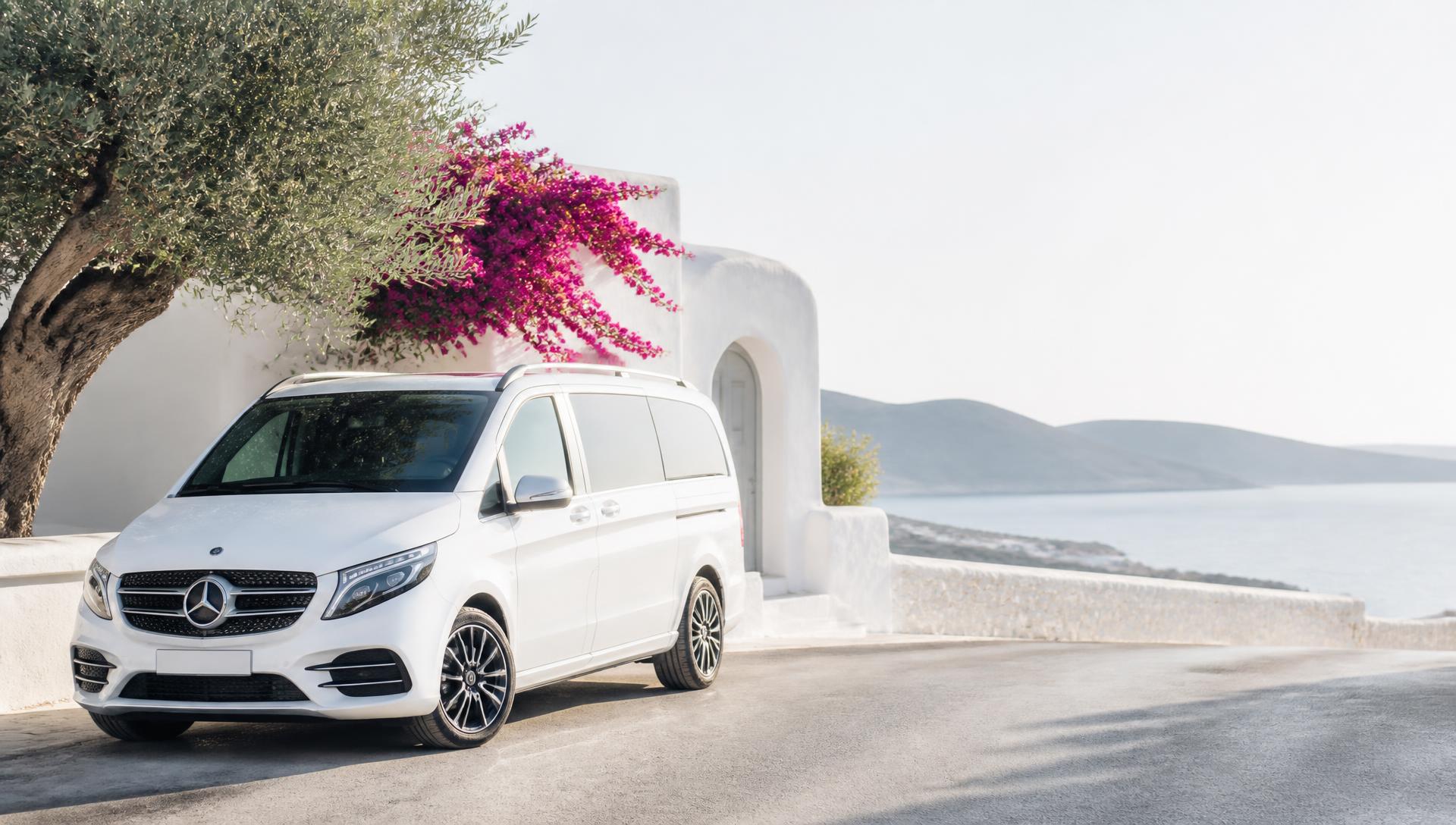 Mercedes V-Class μεταφοράς σε παραλιακό δρόμο της Κύπρου με φυσικό φως
